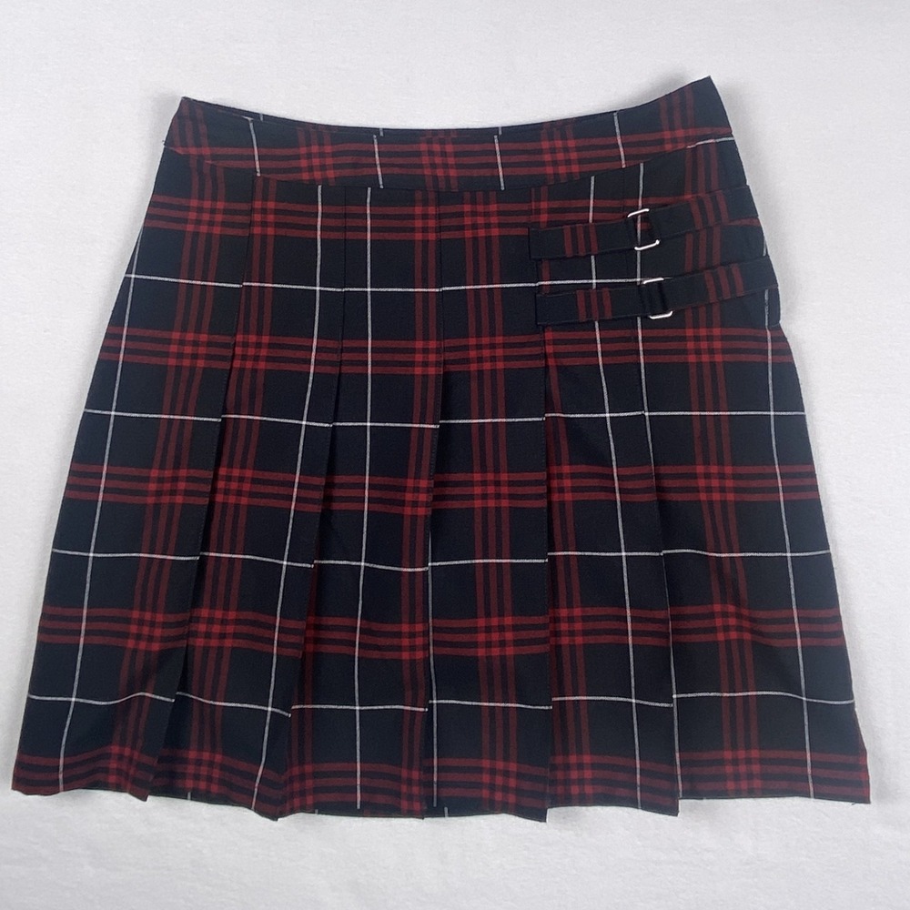 French Toast Red Plaid Pleated Skort Women 8 Navy Blue Tartan Buckle Mini Skirt